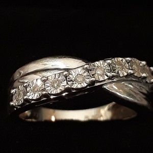 Fancy Twist Diamond Ring MARKED RL 925 STERLING SILVER Size 7 DIAMONDS 3mm Band